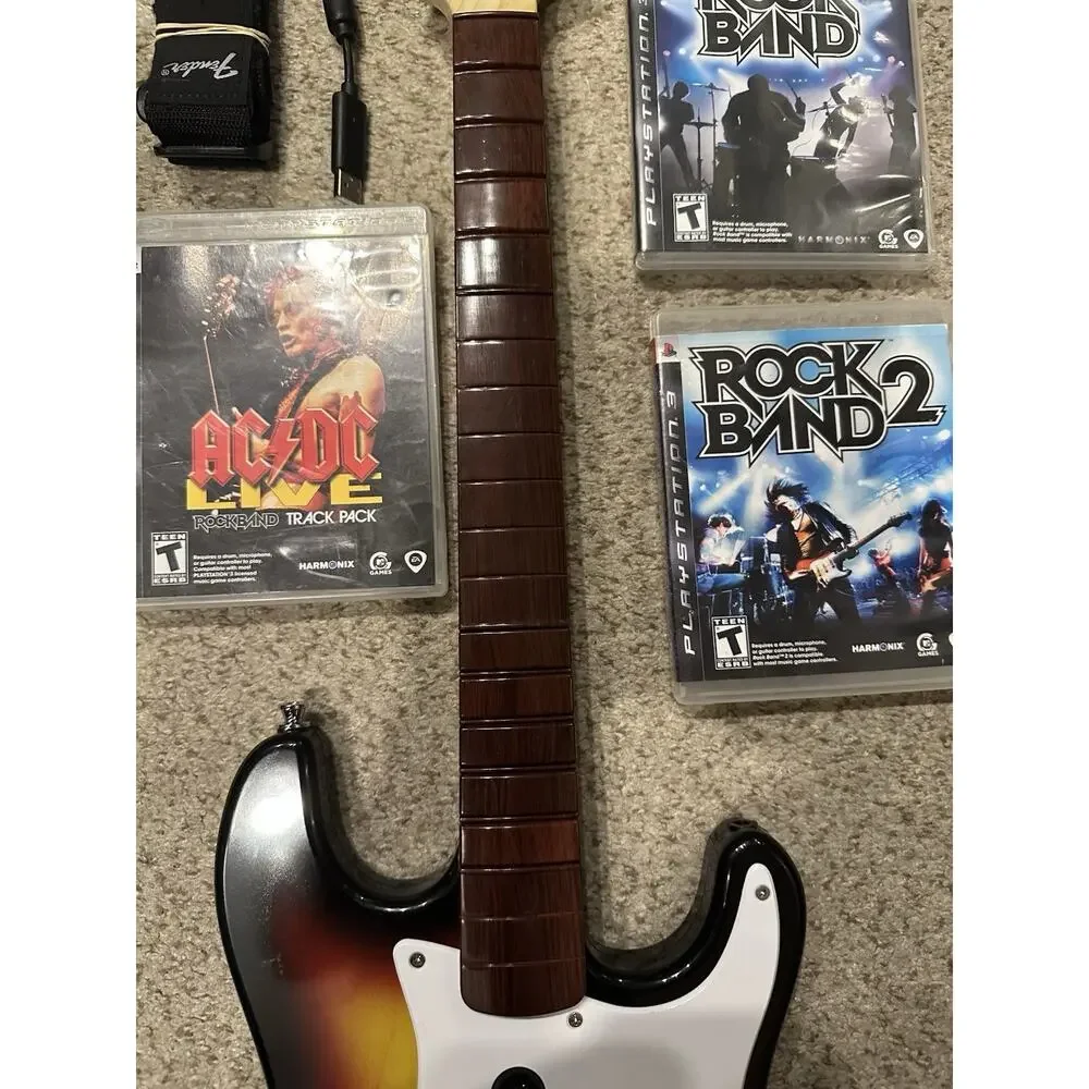 PlayStation 3 PS3 Rock Band Sunburst Wireless Guitar W Dongle 3 Games Rockband